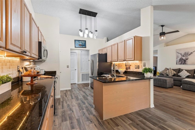 49 Louisiana Dr, Palm Coast, FL 32137 - kitchen with open floor plan, stainless steel appliances, dark wood finished floors, a sink, and vaulted ceiling