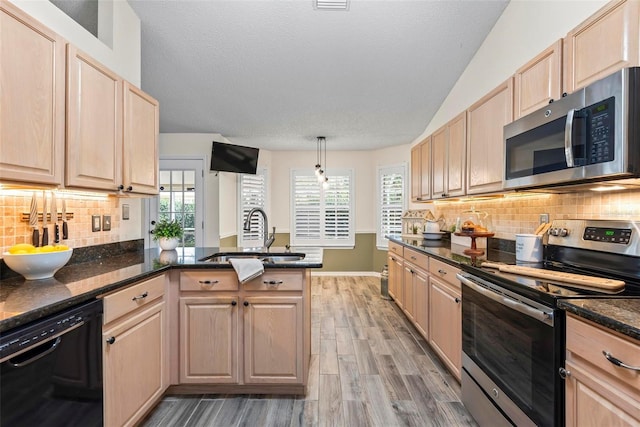 49 Louisiana Dr, Palm Coast, FL 32137 - kitchen featuring stainless steel appliances, a sink, light brown cabinets, a peninsula, and a textured ceiling