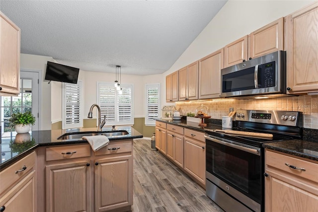 49 Louisiana Dr, Palm Coast, FL 32137 - kitchen featuring appliances with stainless steel finishes, a sink, light brown cabinetry, light wood-style flooring, and backsplash
