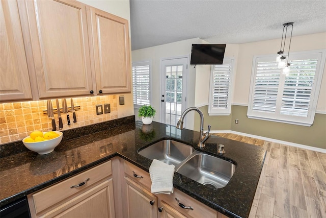 49 Louisiana Dr, Palm Coast, FL 32137 - kitchen with a sink, light brown cabinets, tasteful backsplash, light wood-style floors, and a textured ceiling