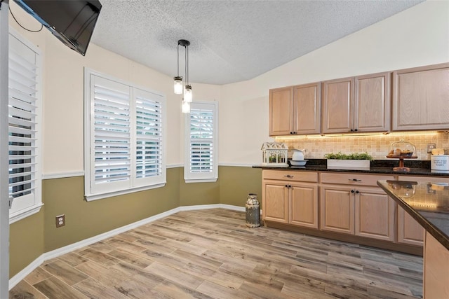 49 Louisiana Dr, Palm Coast, FL 32137 - kitchen featuring a textured ceiling, tasteful backsplash, dark countertops, light wood finished floors, and decorative light fixtures