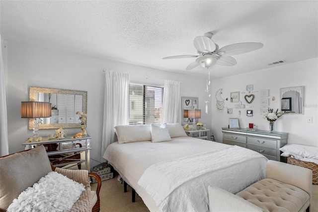 1601 N Ocean Shore Blvd, Flagler Beach, FL 32136 - bedroom featuring a ceiling fan, a textured ceiling, and carpet floors