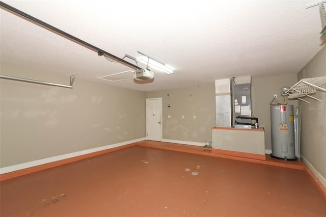 garage featuring water heater, baseboards, and a garage door opener