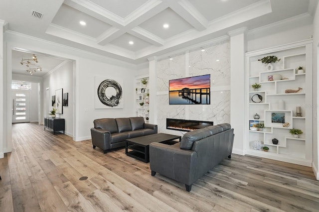 17 Kingfisher Ln, Palm Coast, FL 32137 - living area featuring ornamental molding, a high end fireplace, wood finished floors, beamed ceiling, and coffered ceiling
