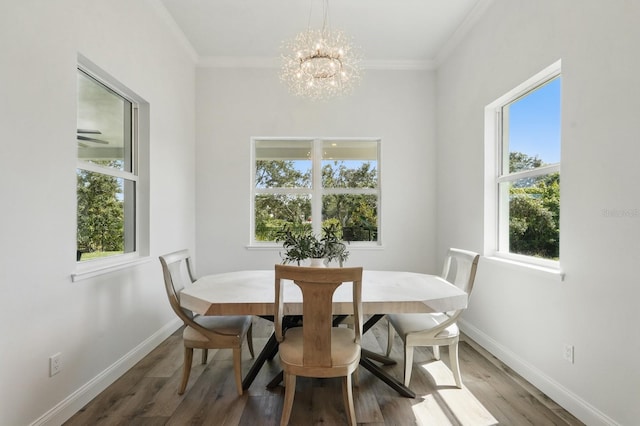 17 Kingfisher Ln, Palm Coast, FL 32137 - dining area with a chandelier, healthy amount of natural light, wood finished floors, baseboards, and ornamental molding