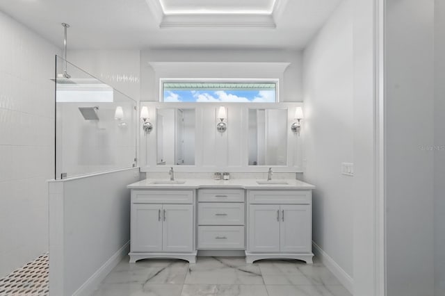 17 Kingfisher Ln, Palm Coast, FL 32137 - bathroom with a walk in shower, double vanity, baseboards, and marble look tiles
