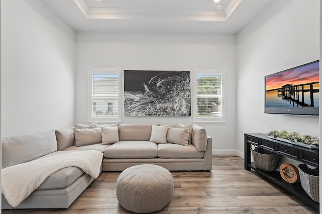 17 Kingfisher Ln, Palm Coast, FL 32137 - living area with a tray ceiling, ornamental molding, light wood-style floors, baseboards, and recessed lighting