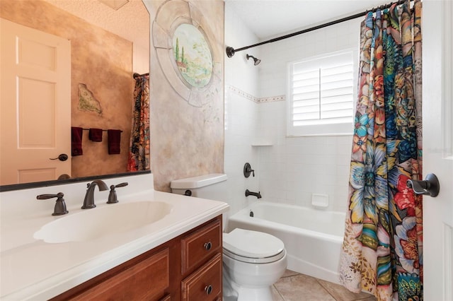6973 N Oceanshore Blvd, Palm Coast, FL 32137 - bathroom featuring shower / bathtub combination with curtain, tile patterned floors, toilet, and vanity