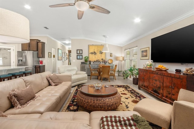 living room with ceiling fan, crown molding, lofted ceiling, and recessed lighting