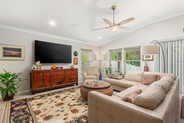 living room featuring ornamental molding, ceiling fan, baseboards, lofted ceiling, and recessed lighting