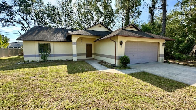 single story home with stucco siding, an attached garage, concrete driveway, and a shingled roof