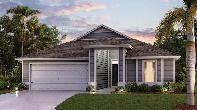 single story home featuring an attached garage, a front lawn, a shingled roof, and driveway