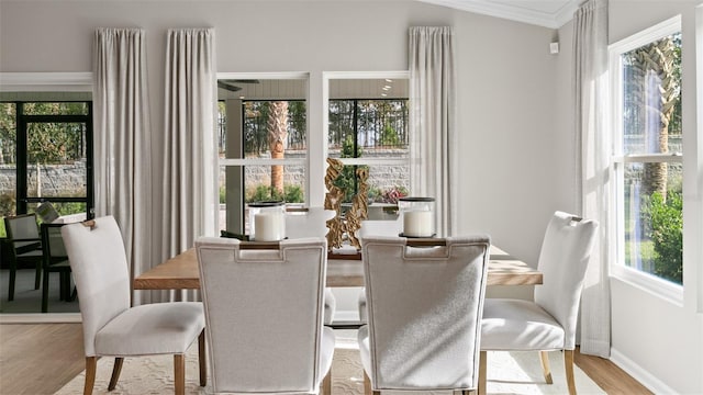 dining room featuring baseboards, a wealth of natural light, ornamental molding, and wood finished floors