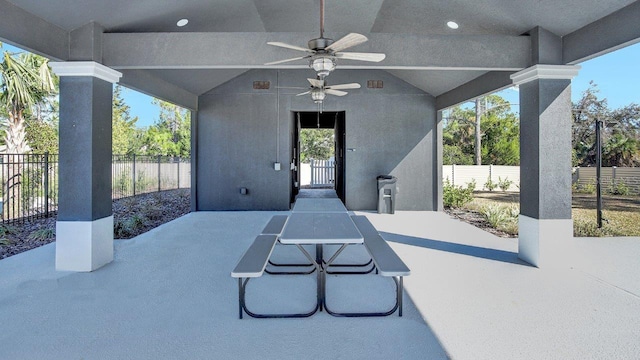view of patio featuring a fenced backyard and a ceiling fan