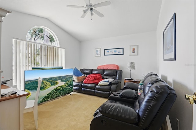 1956 Southern Dunes Blvd, Haines City, FL 33844 - carpeted living area with lofted ceiling and a ceiling fan
