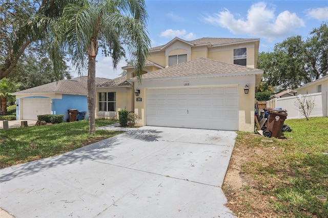 1305 Rebecca Dr, Haines City, FL 33844 - traditional-style home with stucco siding, an attached garage, concrete driveway, and a shingled roof
