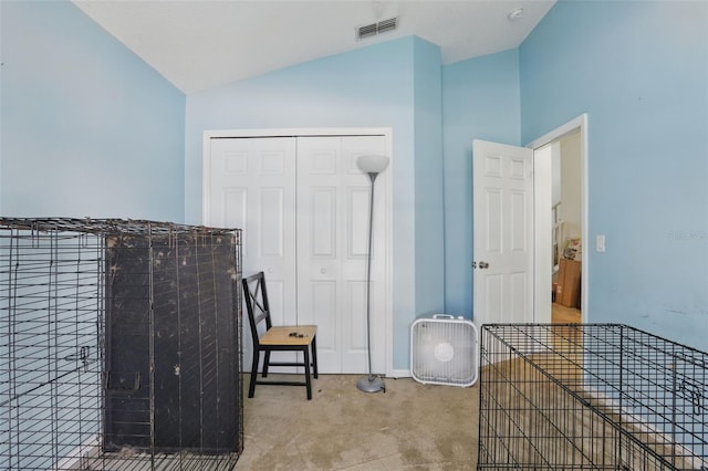 1305 Rebecca Dr, Haines City, FL 33844 - bedroom with lofted ceiling, a closet, and carpet flooring