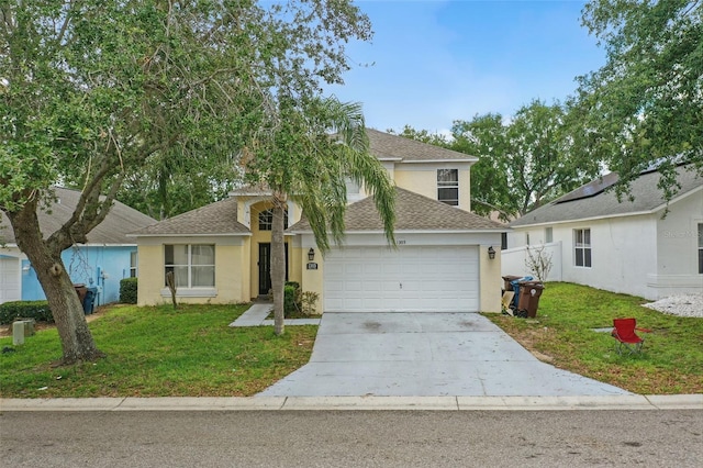 1305 Rebecca Dr, Haines City, FL 33844 - view of front facade featuring a garage, a shingled roof, stucco siding, and driveway