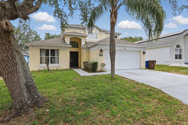 1305 Rebecca Dr, Haines City, FL 33844 - traditional home with an attached garage, stucco siding, concrete driveway, a front yard, and a shingled roof