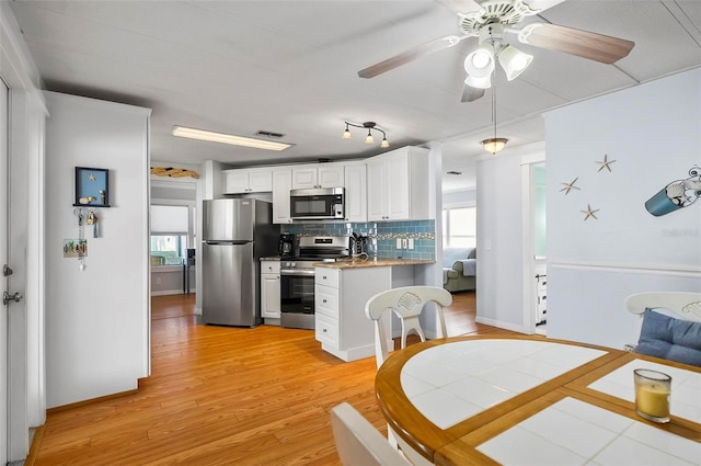 151 Lookout Dr, Flagler Beach, FL 32136 - kitchen featuring appliances with stainless steel finishes, decorative backsplash, healthy amount of natural light, and ceiling fan