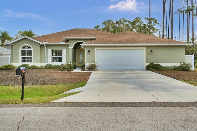 ranch-style home featuring stucco siding, an attached garage, concrete driveway, and roof with shingles