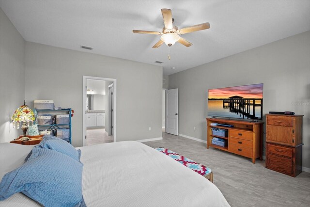 bedroom with baseboards, connected bathroom, and ceiling fan