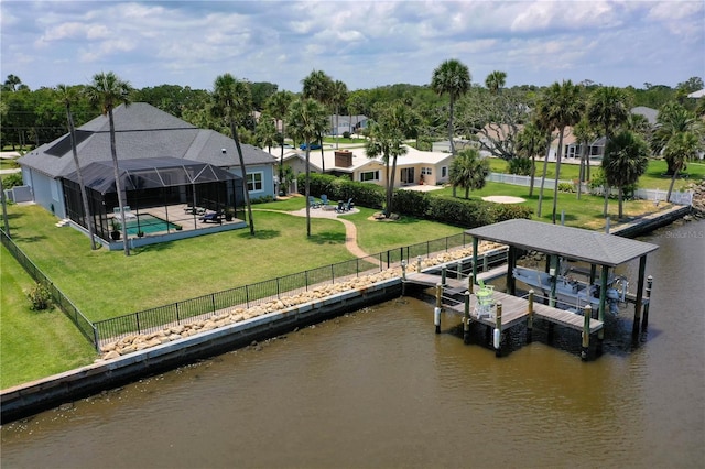 440 Lambert Ave, Flagler Beach, FL 32136 - dock with a water view, boat lift, glass enclosure, and a patio