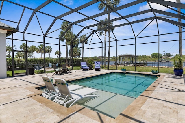 440 Lambert Ave, Flagler Beach, FL 32136 - swimming pool featuring a patio, glass enclosure, and a lawn