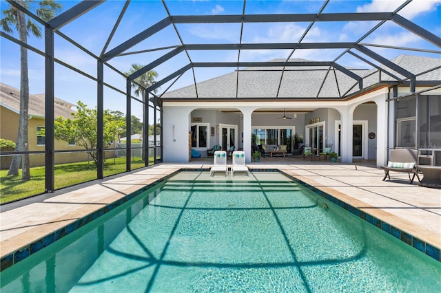 440 Lambert Ave, Flagler Beach, FL 32136 - outdoor pool featuring a patio, a ceiling fan, and glass enclosure