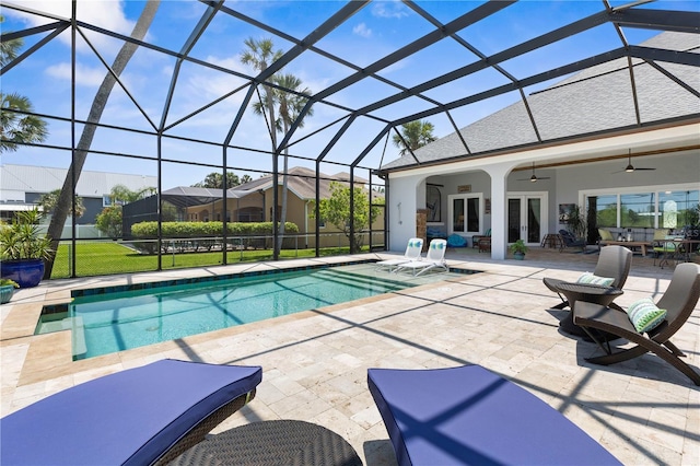 440 Lambert Ave, Flagler Beach, FL 32136 - outdoor pool with french doors, a ceiling fan, a patio, and a lanai