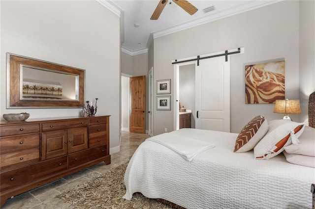 440 Lambert Ave, Flagler Beach, FL 32136 - bedroom with a barn door, crown molding, baseboards, connected bathroom, and a high ceiling