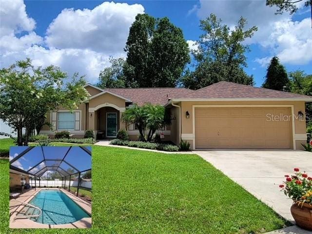 view of front of home featuring stucco siding, an attached garage, a front yard, concrete driveway, and a lanai