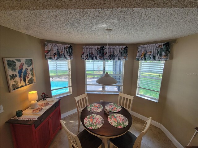 dining space with healthy amount of natural light, baseboards, and a textured ceiling