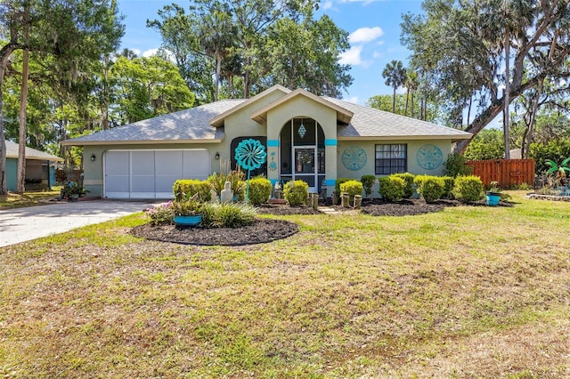 27 Black Hawk Pl, Palm Coast, FL 32137 - ranch-style house with stucco siding, an attached garage, concrete driveway, and roof with shingles