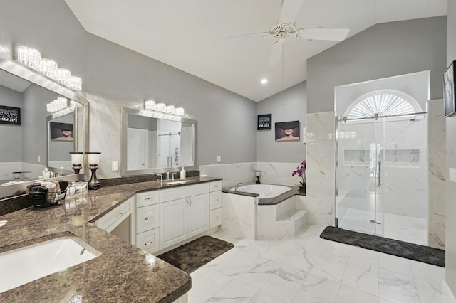 2 Cleveland Ct, Palm Coast, FL 32137 - bathroom featuring vaulted ceiling, a garden tub, double vanity, a ceiling fan, and a marble finish shower