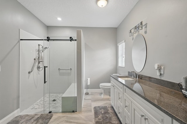 2 Cleveland Ct, Palm Coast, FL 32137 - bathroom with a shower stall, vanity, a textured ceiling, and marble finish floors