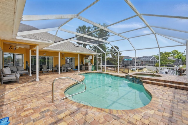 2 Cleveland Ct, Palm Coast, FL 32137 - view of swimming pool with an outdoor hangout area, a ceiling fan, a patio, a pool with connected hot tub, and glass enclosure