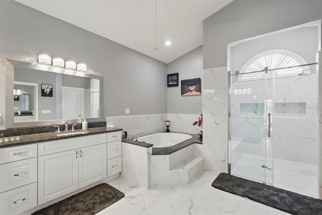 2 Cleveland Ct, Palm Coast, FL 32137 - full bath with a garden tub, lofted ceiling, marble finish floors, vanity, and a marble finish shower