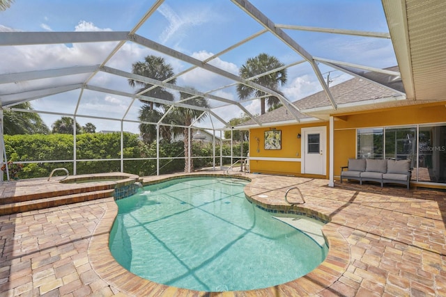 2 Cleveland Ct, Palm Coast, FL 32137 - view of swimming pool with a patio area, an outdoor living space, a pool with connected hot tub, and glass enclosure