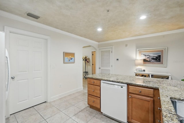 200 Bella Harbor Ct Unit 105, Palm Coast, FL 32137 - kitchen with dishwasher, arched walkways, brown cabinets, light tile patterned floors, and light stone countertops