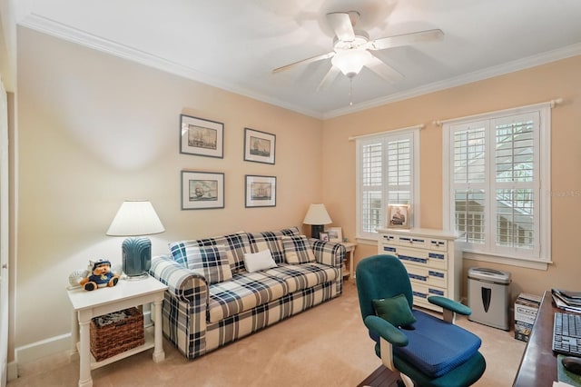 200 Bella Harbor Ct Unit 105, Palm Coast, FL 32137 - living area featuring carpet floors, ornamental molding, ceiling fan, and baseboards