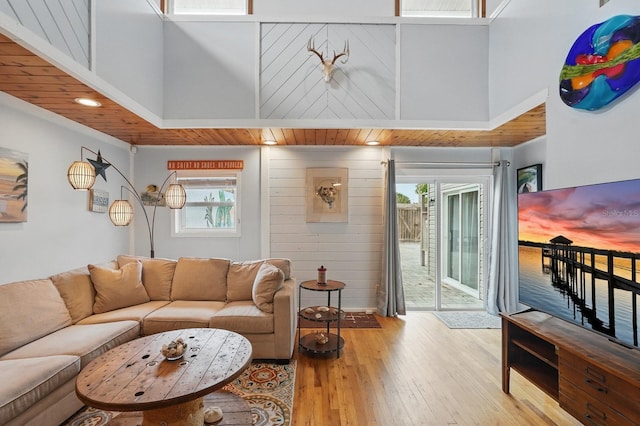 1819 S Flagler Ave, Flagler Beach, FL 32136 - living area with healthy amount of natural light, wood-type flooring, a high ceiling, and wood walls