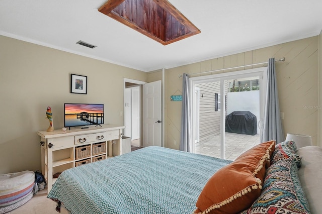 1819 S Flagler Ave, Flagler Beach, FL 32136 - tiled bedroom featuring access to outside and crown molding