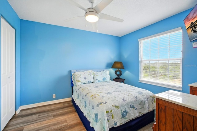 7029 N Ocean Shore Blvd, Palm Coast, FL 32137 - bedroom featuring wood finished floors, baseboards, a closet, and a ceiling fan