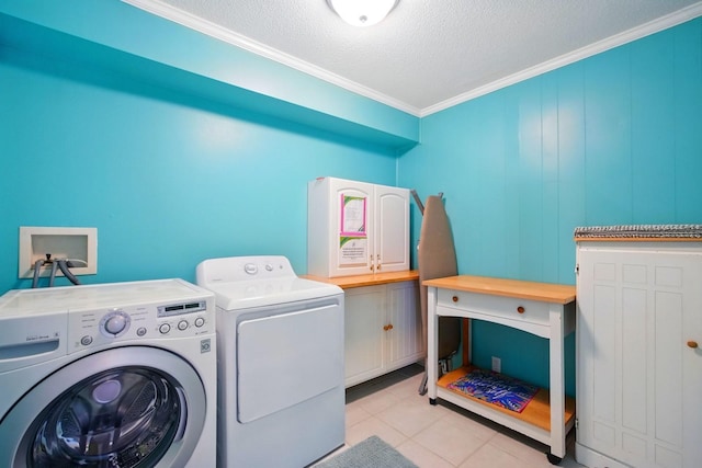 7029 N Ocean Shore Blvd, Palm Coast, FL 32137 - clothes washing area with independent washer and dryer, ornamental molding, a textured ceiling, and light tile patterned floors