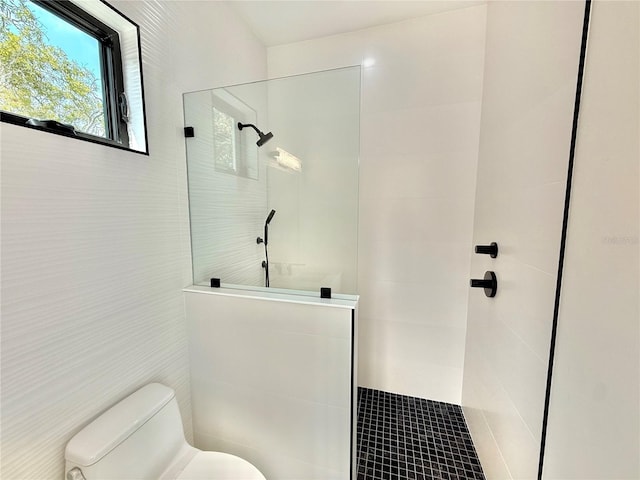 807 N Flagler Ave, Flagler Beach, FL 32136 - bathroom featuring toilet, walk in shower, and tile walls