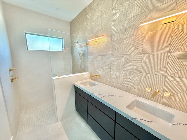 807 N Flagler Ave, Flagler Beach, FL 32136 - bathroom with a walk in shower, tile walls, backsplash, and double vanity