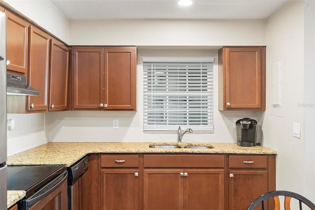 kitchen with under cabinet range hood, a sink, stainless steel electric stove, dishwasher, and light stone counters