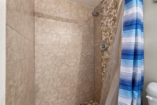 full bathroom featuring a tile shower and toilet