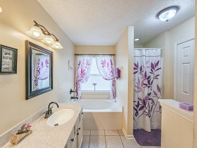 7 Bunker View Dr, Palm Coast, FL 32137 - full bathroom with vanity, tile patterned flooring, a bath, a textured ceiling, and a shower with curtain